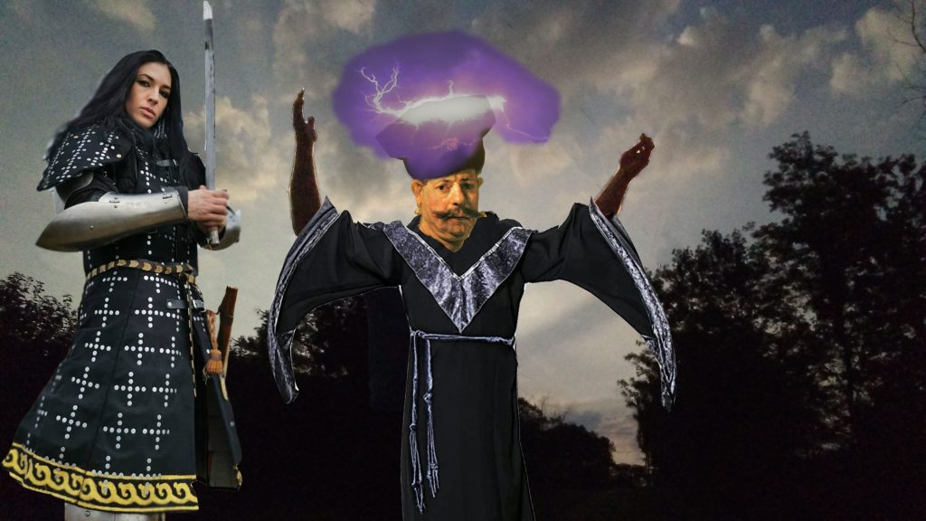 Warrior Woman and Wizard Casting a Spell